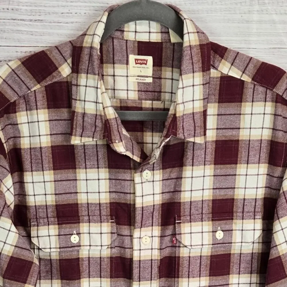 Levis Men Flannel L Burgundy Tan Check Soft Cotton Blend Casual Gorpcore Outdoor